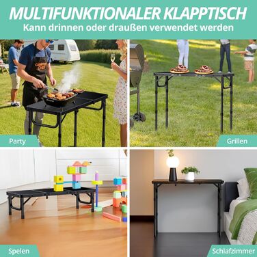 Складаний кемпінговий стіл VINTEAM 87x40 см 3 складні, регульована висота в 3 напрямках, алюмінієвий складаний стіл, балконний стіл, бічний столик, садовий стіл, легкий та портативний, ідеально підходить для кемпінгу, барбекю, пікніка та саду, МДФ