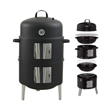 В-1 Дим-гриль Вугільний гриль з кришкою для копчення, смаження та приготування (з резервуаром для води, 2 решітками для грилю, гачками для копчення, термометром) Димна бочка для саду та кемпінгу, 400 3-