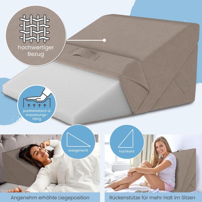 Багатофункціональна клиноподібна подушка ELONEO, подушка для спини, опора для колін, опора для ніг, підставка для ніг для дивана та софи, подушка для читання, розмір Ш55 x В56 x Д30,5 см, бежевий