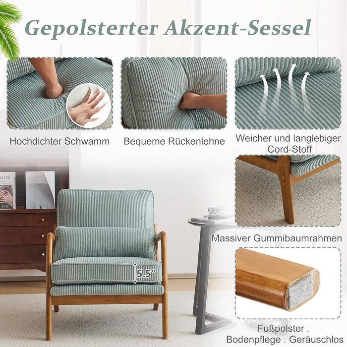 Крісло Bonnlo, м&39яке коктейльне крісло, сучасне крісло для відпочинку, крісло з відкидною спинкою для вітальні, м&39яке крісло з масиву дерева, крісло для читання, вантажопідйомність до 200 кг, вельветова тканина (синій колір)