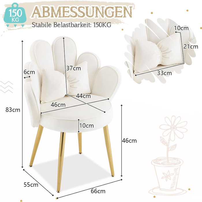 Крісло-туалетний столик зі спинкою у формі пелюсток, крісло для вітальні, крісло для читання з подушкою-бантом (біле)