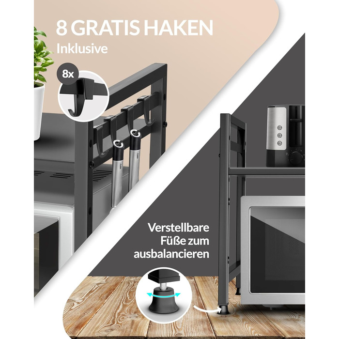 Полиця для мікрохвильової печі, кухонна полиця, стояча, сталь (2-рівнева) Полиця для мікрохвильової печі, шафа для мікрохвильової печі Полиця для зберігання, полиця для пекарні, регульовані по висоті та довжині полиці відеоінструкції, гачки - Чорний, 2-рі