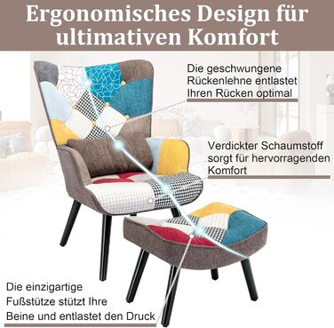 Крісло-відкидка з пуфом, крісло в стилі печворк, дерев&39яне крісло, сучасне крісло-підголовок для вітальні з ніжками з масиву дерева, крісло під телевізор, лляне крісло для відпочинку, коричневе крісло