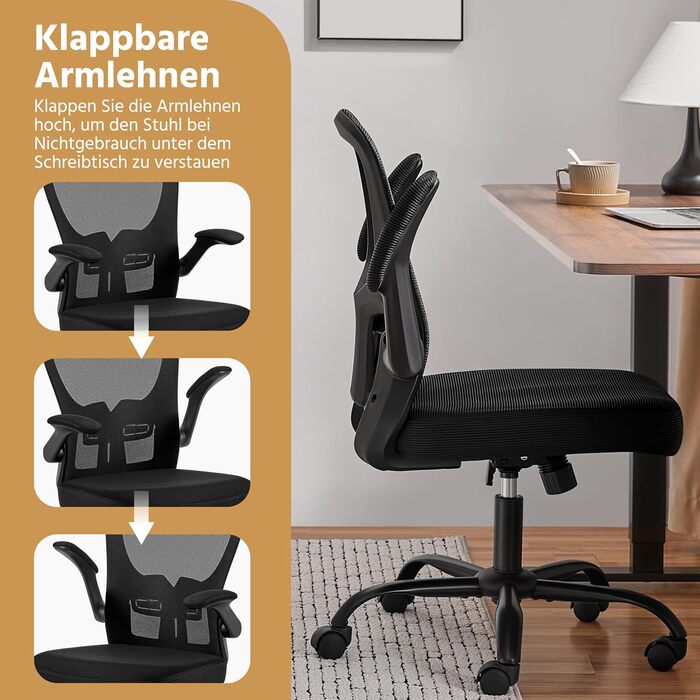Офісне крісло Yaheetech з відкидними підлокітниками, робоче крісло з регульованою поперековою опорою, обертове крісло з сітки, ергономічне офісне крісло, функція гойдання, регульована висота, чорний колір