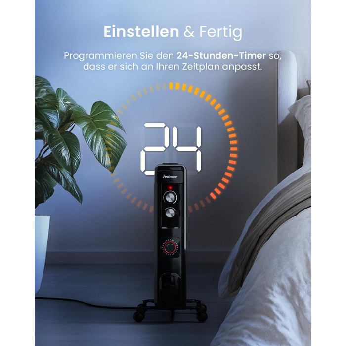 Міні-масляний радіатор Pro Breeze 2500W з 11 ребрами, електричний радіатор, 24-годинний таймер, енергозберігаючий масляний радіато