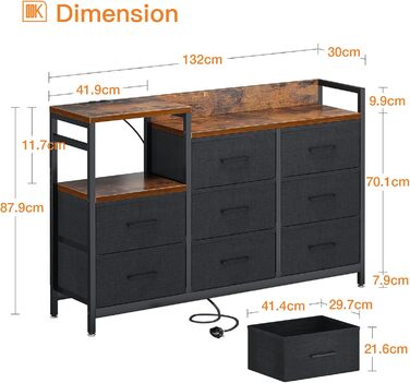 Комод ODK з висувними шухлядами, 2 порти USB та 2 порти змінного струму, 8 тканинних шухляд - підходить для багатофункціонального зберігання речей у спальнях та вітальнях, 132 * 30 * 88 см, вінтажний та чорний