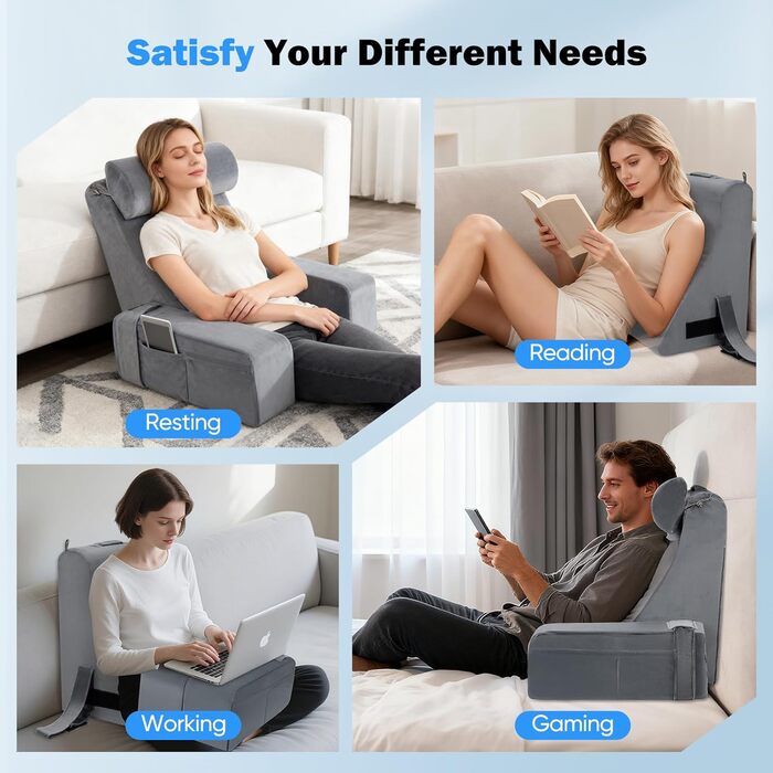 Ергономічна подушка для читання зі знімним підголівником та підлокітниками, з підтримкою спинки для ліжка, дивана, підлоги, регульована для читання, роботи та відпочинку, сіра