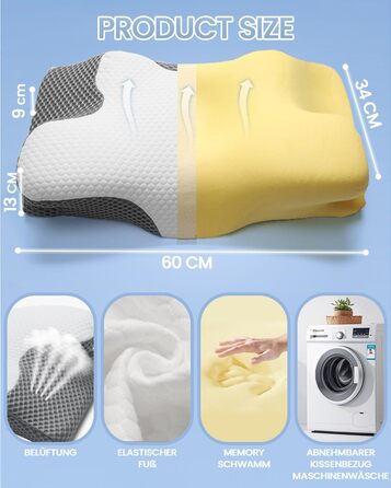 Подушка для шиї, подушка з піни з ефектом пам&39яті, ергономічна ортопедична подушка, 2 висоти для сну, зручна подушка для сну на боці, спині та животі, сіра