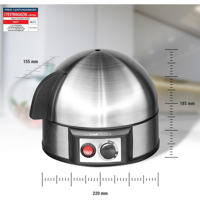 Електрична яйцеварка Clatronic до 7 яєць Яйцеварка з нержавіючої сталі з регулюванням твердості Вимикач з підсвічуванням 400 Вт Нержавіюча сталь ЕК 3321