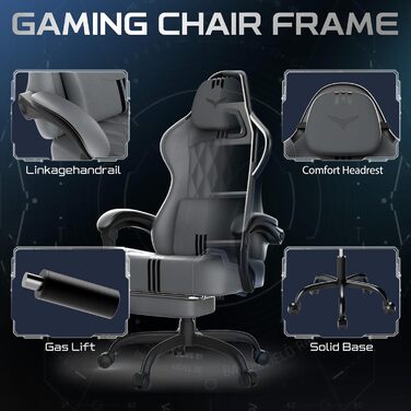 Ергономічне ігрове крісло Verdego з функцією масажу, підголівником та підставкою для ніг, штучна шкіра, регульована спинка 90-145, регульована висота 10 см, ігрове крісло, сіро-чорна штучна шкіра