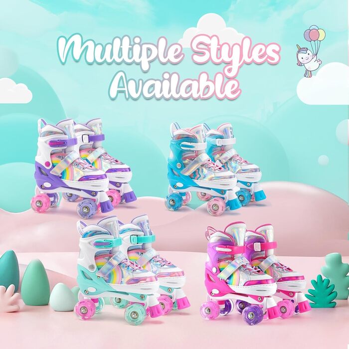Регульовані роликові ковзани SULIFEEL &quotРайдужний єдиноріг&quot для дітей з підсвічуванням колес для дівчаток та хлопчиків, зелені, розмір S (28-31 EU / 170-190 мм)