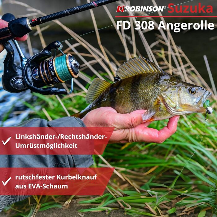 Рибальська котушка Robinson - переднє гальмо, 8 кулькових підшипників, дюралюмінієва шпуля, 5.21 - підходить для лову окуня, форелі, головня, судака, щуки та сома залежно від розміру - Suzuka 3000
