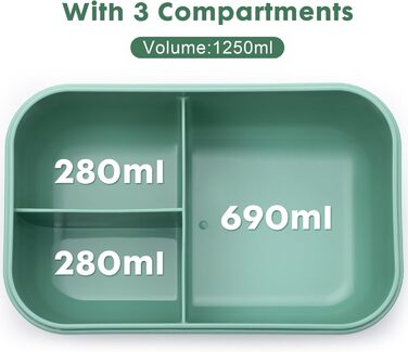 Ланчбокс Sinnsally з роздільниками, 1250 мл, набір. Контейнер для обіду для дорослих, коробка для сніданку, пенал для бутербродів з приборами. Ланч-бокс для перекусу, зелений колір.