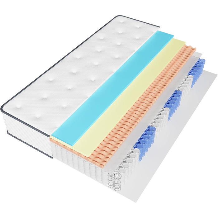 Матрац 140x200 см, пружинний матрац з кишеньковою системою, рівень жорсткості H3 (середньо-жорсткий), 7-зонний матрац з високоякісною комфортною піною, розвантаження спини, згортається в рулон, висота 22 см, 140 x 200 см, 22,0 сантиметри