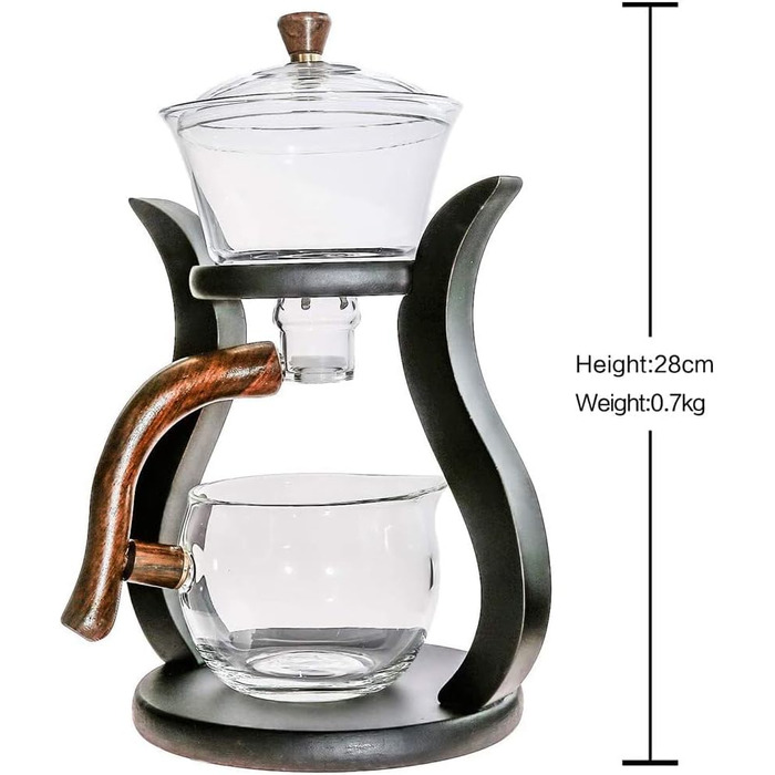 Набір для чаювання RORA скляний чайник з автоматичним обертанням, дерев'яний корпус та 6 чашок (чайник без чашок у комплекті)