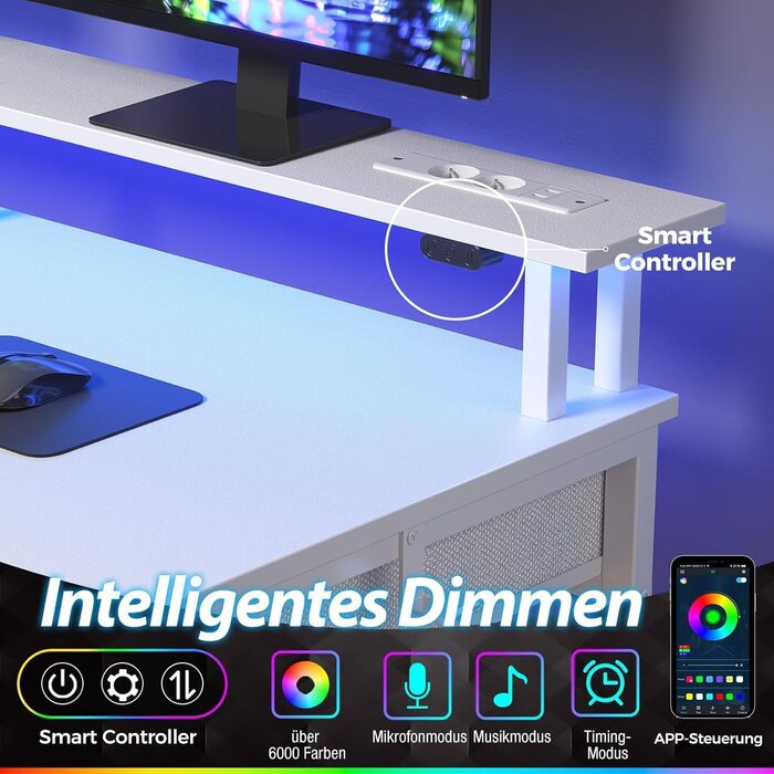 Ігровий стіл Seventable з шухлядами, комп&39ютерний стіл зі світлодіодним освітленням, розетками та USB-портами, ігровий стіл з підставкою для клавіатури та монітора для офісу, вітальні (білий, 120x47x88 см) Білий 120x47x88 см