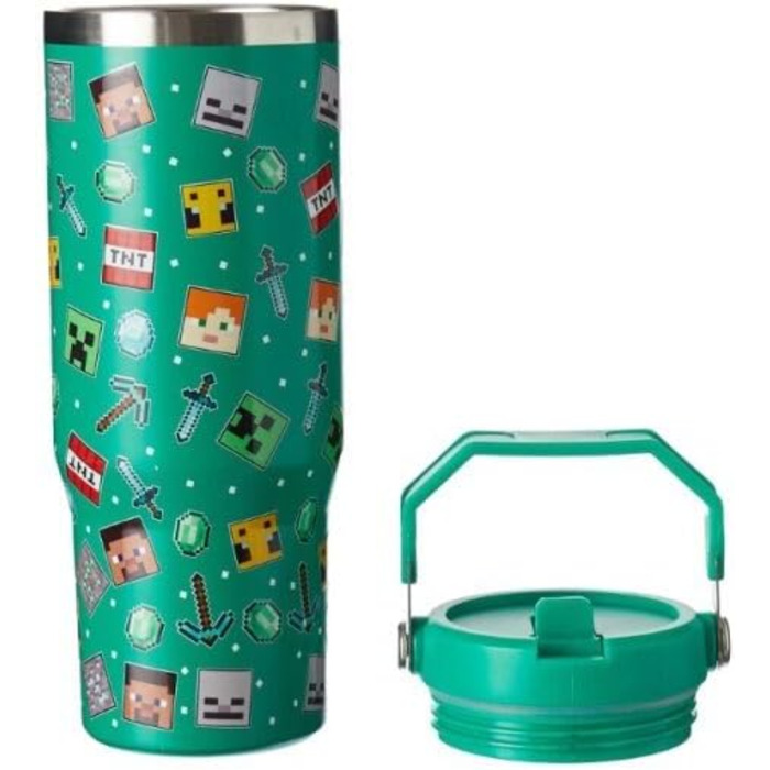 Дорожня кружка HOX Minecraft, кавова кружка з герметичною трубочкою та кришкою, двостінна, вакуумно-ізольована пляшка для води для офісу або автомобіля, зберігає холодну воду 17 годин та гарячу 5 годин, 900 мл, зелена новинка, сучасний дизайн