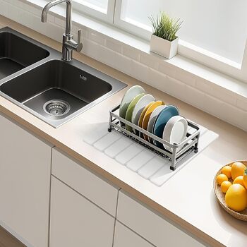 Килимок для сушки посуду THMINS з каменю, 30x40 см, складний діатомовий килимок для сушіння кухні, водопоглинаючий та швидковисихаючий, нековзний, термостійкий килимок для сушки посуду для раковини/чашок/столових приборів, білий 30 x 40 см, білий