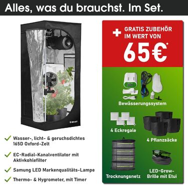 Гроубокс BRAST Growzelt Комплект для вирощування з додатковим обладнанням Різні розміри 60x60x140-120x60x180 см LED технологія повного спектру Система вентиляції та поливу Водонепроникний та світлонепроникний 70x70x160 см XL