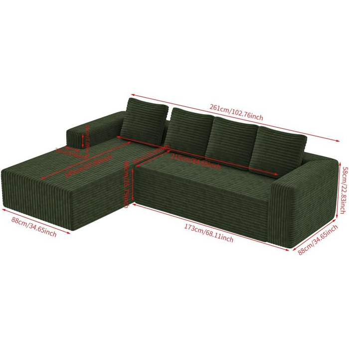 Кутовий диван, 4-місний диван, 3-місний диван, модульний компресійний диван з L-подібним шезлонгом, не потребує складання (плюс вельветова тканина) (зелений)