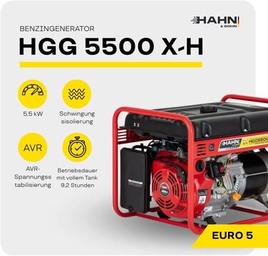 Бензиновий генератор потужністю 5 кВт Тихий генератор з автоматичним регулюванням напруги (AVR) Бак 18 л До 9,2 годин (при 50 навантаженні) роботи для комерційного та приватного використання, 96 дБ/А Бензиновий генератор потужністю 5 кВт