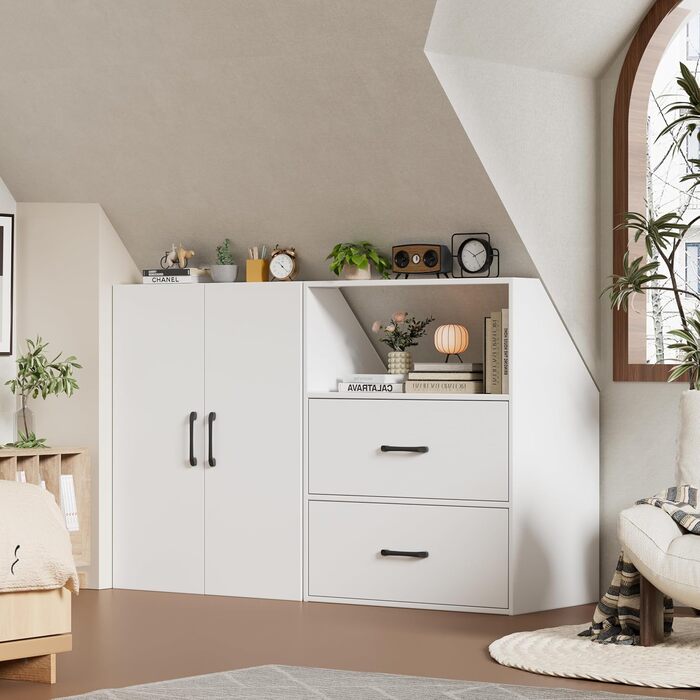 Похила стельова полиця MSFE з 2 дверима, 100x80x51,5 см, шафа для похилих стін у спальнях на горищі, біла дерев&39яна книжкова полиця, 4-рівнева полиця для похилих стель (2 двері)