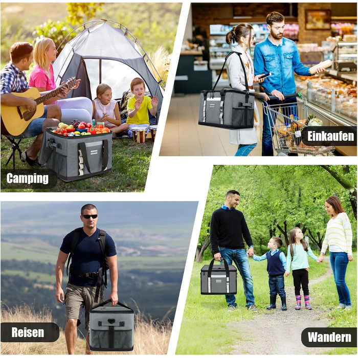 Велика сумка-холодильник 48 л, велика складна сумка-холодильник на 65 банок з верхнім відкриттям, водонепроникна ізольована сумка для покупок XXL, ідеально підходить для поїздок, пікніків, кемпінгу, походів, пляжу, темно-сіра