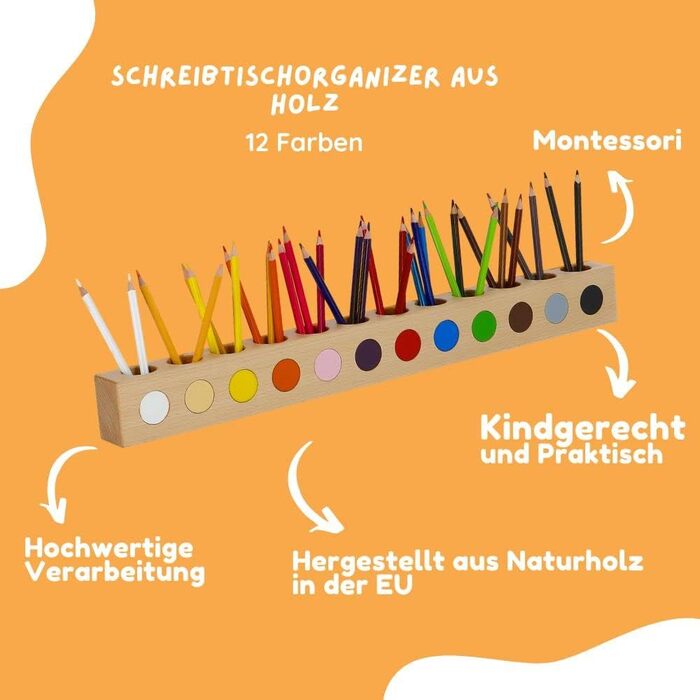 Настільний органайзер Обубу Монтессорі для дітей - Дерев'яний тримач для ручок - Органайзер для ручок - Дерев'яна коробка для ручок - Набір з 12 кольорових олівців 12 кольорових маркерів