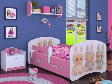 Дитяче ліжко Happy Babies - із захистом від падіння, ліжко для хлопчика 140x70, дитяче ліжко з шухлядою та матрацом, односпальне ліжко для дітей, біле/рожеве - Sweet BUBU (N.1)