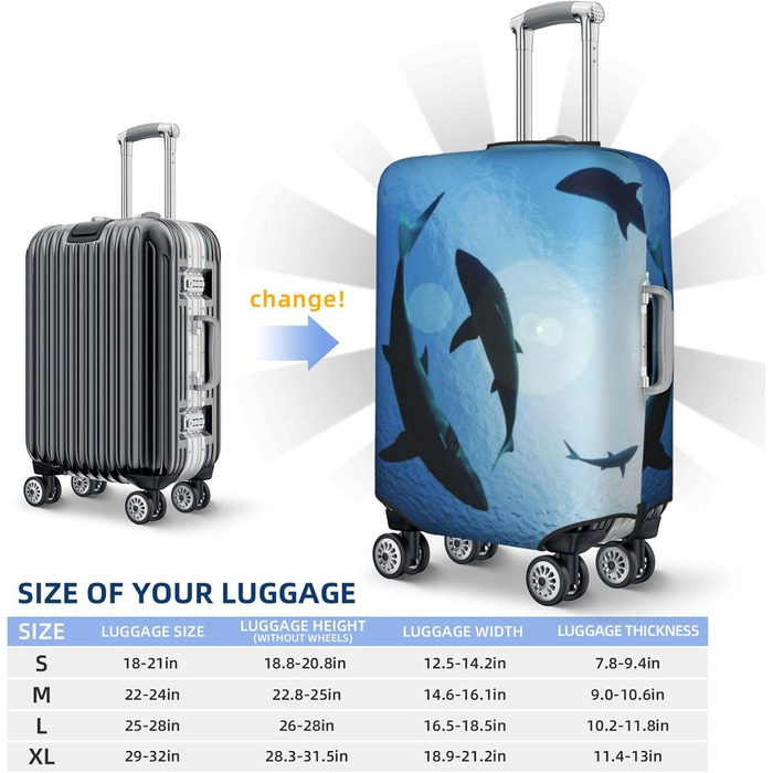 Чохол для валізи Акула TOMPPY еластичний, захисний, миється, підходить для валіз 18-32 дюйми, чорний, XL