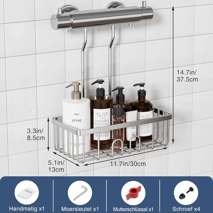 Полиця для душу навісна, кошик для душу без свердління, тримач для душу, органайзер у ванну кімнату для шампуню, нержавіюча сталь SS304, 30x13x8,5 см