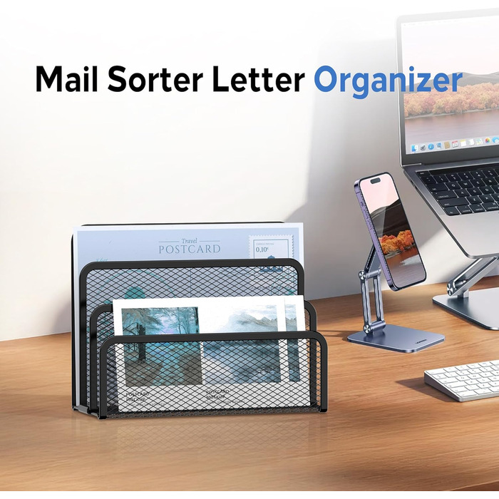 Тримач для листів SUPEASY з 3 відділеннями - металевий сітчастий тримач для документів для столу, настільний тримач для пошти та лоток для листів (чорний)