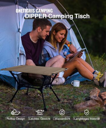 Складаний кемпінговий стіл OneTigris Dipper, складаний кемпінговий стіл з сумкою для перенесення та сітчастою кишенею, маленький надлегкий вуличний стіл для риболовлі та походів, 60 x 40 x 37 см, колір койот коричневий