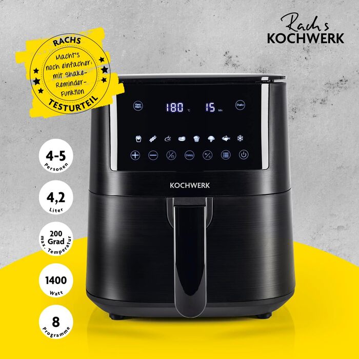 Цифрова фритюрниця Rachs KOCHWERK 4.2 л Мультипіч із сенсорним екраном для приготування їжі з низьким вмістом жиру, гриля або запікання без олії Функція нагадування про необхідність повороту Легко чистити 1400 Вт