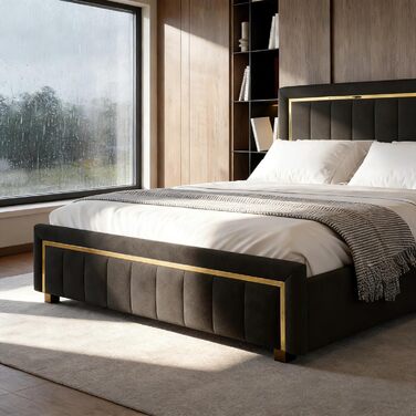 М&39яке ліжко 140x200 з місцем для зберігання, гідравлічне ліжко з місцем для зберігання, двоспальне ліжко з узголів&39ям, каркас ліжка з рейковою основою, каркас ліжка для дорослих, оксамит (чорний, 140 x 200 см) Black-c 140 x 200 см