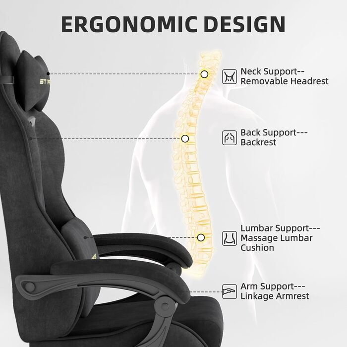 Ергономічне ігрове крісло Ferghana, дихаюче офісне крісло з високоякісної тканини, комп&39ютерне крісло з регульованим підголівником та поперековою подушкою, підлокітники, підставка для ніг, гоночне ПК-крісло, чорне