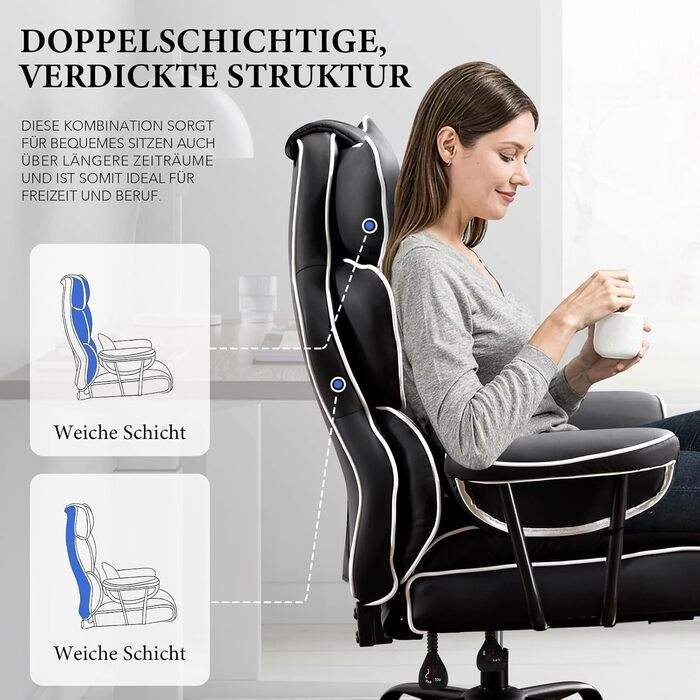 Ігрове крісло, Ергономічне офісне крісло, Крісло керівника зі штучної шкіри, Вантажопідйомність 200 кг з підставкою для ніг та поперековою опорою, Крісло для домашнього офісу, Регульоване крісло з високою спинкою, Обертове крісло (Чорне)