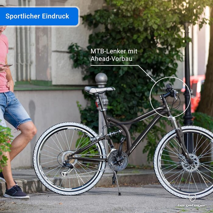 Гірський велосипед Bergsteiger Phoenix 26 дюймів, підходить для зросту від 160 см, дискові гальма, ліхтарі, бризковики, 21-швидкісна коробка передач, повна підвіска, сірий/чорний (матовий)