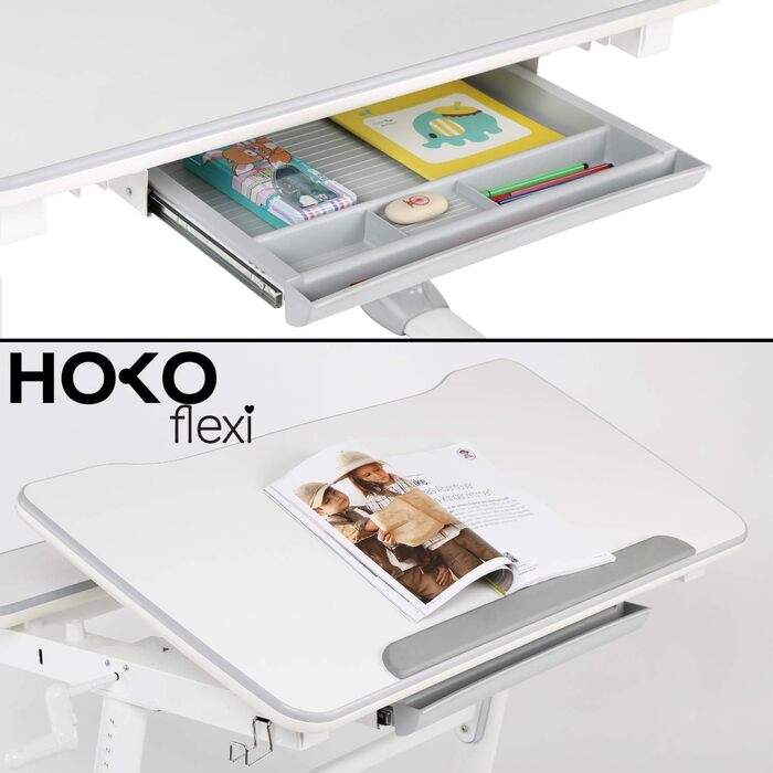 Комплект HOKO Ergo-Study-Table COMPAKT, JoJo & LUBU. Регульована по висоті дитяча парта з регульованою по нахилу стільницею та тум