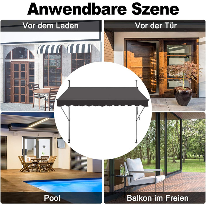 Тент, тент із затискачем, балконний сонцезахисний тент, висувний, регульований вручну за допомогою ручної ручки, стійкий до ультрафіолету, сонцезахист, 100 поліестер, для внутрішніх дворів, балконів, ресторанів, кафе, темно-сірий, 300 x 120 см