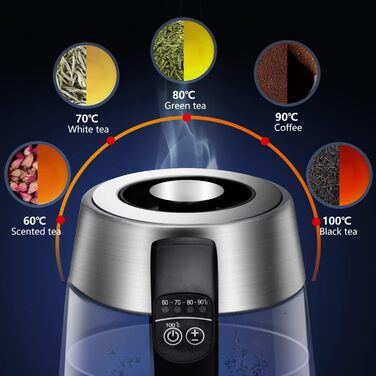 Скляний чайник Aigostar з регулюванням температури 1,7 л, чайник 2-в-1 з ситечком з нержавіючої сталі, вибір температури 60-100C,