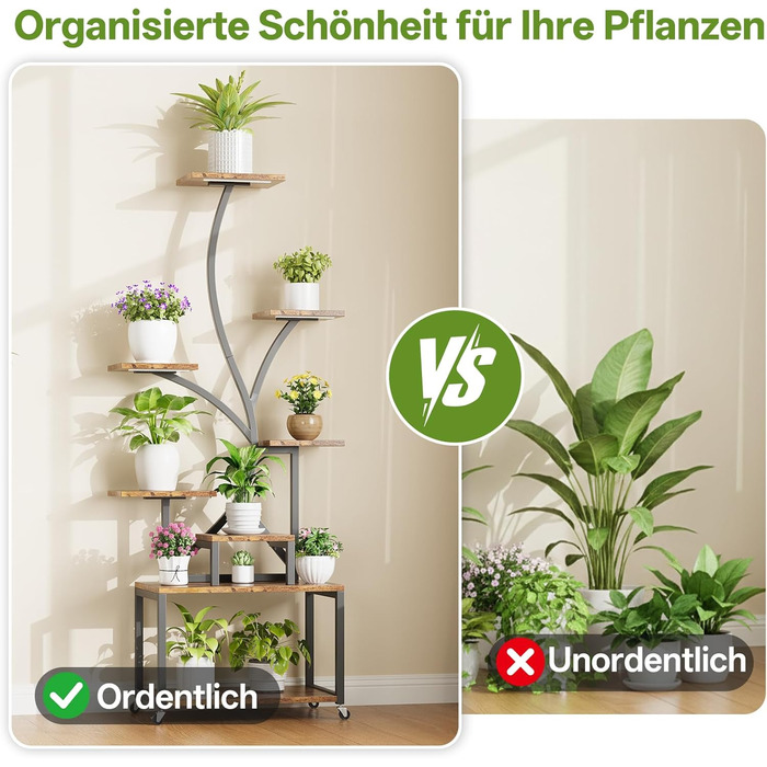 Підставка для рослин HAUSPROFI 154 см, 8-рівнева металева та дерев&39яна полиця для кількох рослин із фіксуючими колесами, декоративні квіткові сходи для саду та балкону - чорна (без лампи для вирощування)