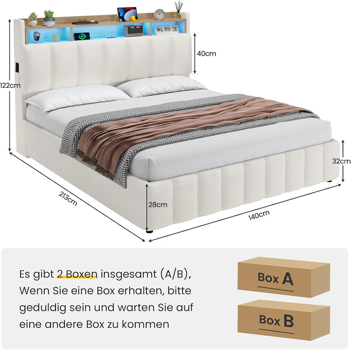 Ліжко зі світлодіодним освітленням, гідравлічне ліжко 140 x 200 см, м&39яке ліжко, узголів&39я з полицею та місцем для зберігання речей, каркас ліжка з рейковою основою, зручне, для спальні, гостьової кімнати, PU білий 140 x 200 білий