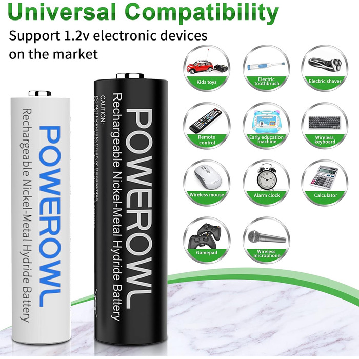 Зарядний пристрій POWEROWL з 4 батарейками типу AA 2800 мАг 4 батарейками типу AAA 1000 мАг - Зарядний пристрій для Ni-MH акумуляторних батарейок типу AA/AAA, швидкий зарядний пристрій з 8 батарейками