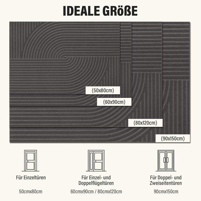 Килимок для вловлювання бруду FEOMOS для приміщень/зовнішнього використання 50x80 см, нековзний абсорбуючий килимок для дверей, який можна прати та міцний, для вхідних дверей, коридору, балкону, кухні - сірий
