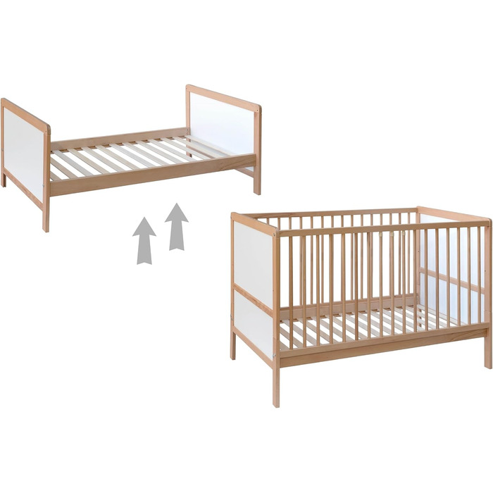 Дитяче ліжко Nelly 120x60 см Дитяче ліжко Натуральний/Білий Бук Регульована висота у 2 напрямках 3 знімні перекладини Сертифіковано EN 716