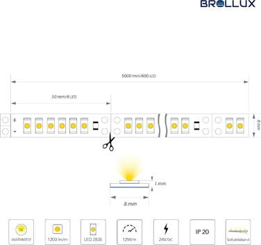 Професійні світлодіодні стрічки Brollux, 6000 люмен, теплий білий, 24 В, 600 світлодіодів, 5 м, стрічка, світлодіодна стрічка, світлодіодна стрічка, світлодіодна стрічка, світлодіодна стрічка, самоклеюча, яскрава, міцна, з можливістю затемнення