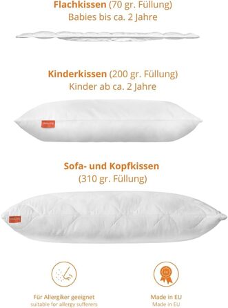 Подушка для сну дитяча, плоска подушка, плоска подушка 40 x 60 см, зроблено в ЄС, можна прати при 60 градусах, kotex 100, біла