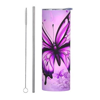 Кухоль з прямою трубочкою, 590 мл, принт фіолетового метелика, дорожній кухоль, підходить для кемпінгу, офісу та дому