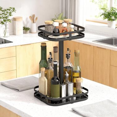 Підставка для спецій HOMCOM, 2-рівнева, обертова на 360 кухонна полиця з піднятими краями та присосками, підставка для спецій, карусель для спецій, кухонний органайзер, тримач для спецій для кухонної стільниці та обіднього столу, чорний колір